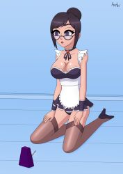  absurdres black_hair breasts choker cleavage collarbone dazed empty_eyes expressionless female_only femsub frills glasses hypno_apophis kneeling maid metronome milf mole noelle_(snow_daze) open_mouth purple_eyes purple_hair short_hair signature simple_background skirt snow_daze thighhighs 