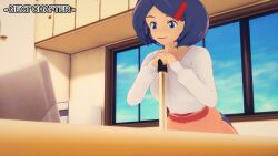 apron aware blue_eyes blue_hair clothed female_only johanna milf mustardsauce pokemon pokemon_(anime) solo text
