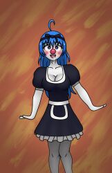 blue_eyes blue_hair blush cleavage clown clown_girl drool female_only happy_trance httpwwwcom long_hair maid open_mouth original sasha_smiles smile solo standing thighhighs white_skin
