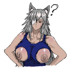  absurdres altered_common_sense angry animal_ears artist_request bare_shoulders breasts brown_eyes cleavage collarbone empty_eyes erect_nipples female_only femsub ghislaine_dedoldia grey_hair huge_breasts large_breasts leotard long_hair mushoku_tensei simple_background sketch solo tomboy torn_clothes unaware 