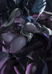  ahri_(league_of_legends) alternate_hairstyle black_hair blonde_hair breasts charm_(spell) crossed_arms dmdkrxmrrmq femdom fox_ears glowing_eyes groping hair_covering_one_eye heterosexual hypnotic_magic kitsune_girl large_breasts league_of_legends love magic malesub multicolored_hair necklace nipples one_breast_out pink_eyes submissive_hypnotist 