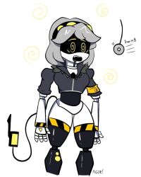  clothed coin drool femsub grey_hair headband murder_drones open_mouth pendulum robot robot_girl serial_designation_v short_hair solo spiral spiral_eyes standing tail tonyst0nk white_background yellow_eyes 