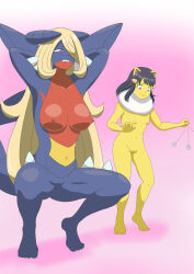  alternate_form blonde_hair bottomless breasts coin cynthia dawn female_only femsub flat_chest furry garchomp hair_covering_one_eye hypno maracock multiple_girls nintendo nude pokemon pokemon_diamond_pearl_and_platinum tears topless transformation 