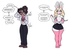 belt bimbofication blonde_hair blush bra breast_expansion brown_hair bunny_girl cleavage demotion dialogue dress_shirt eyeshadow femsub furry glasses hostile-elf hyena_girl large_breasts miniskirt nail_polish pants ponytail skirt solo speech_bubble transformation white_background