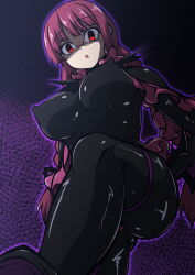 aoi_tabane aura bodysuit character_request dead_source empty_eyes erect_nipples erect_nipples_under_clothes female_only femsub glasses glowing glowing_eyes large_breasts latex looking_at_viewer red_eyes rubber solo stepped_on tight_clothing twin_braids