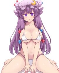 bikini blush breasts cleavage female_only femsub hair_ribbon hasu_(hk_works) hat icontrol_(manipper) kneeling large_breasts long_hair looking_at_viewer manip navel open_mouth patchouli_knowledge purple_hair ribbon solo spiral_eyes swimsuit symbol_in_eyes touhou white_background