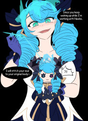 aura black_background blue_hair blush breasts control_indicator corruption crown dialogue doll dollification english_text femsub glowing green_eyes gwen_(league_of_legends) hair_ribbon happy_trance heterochromia hypnotic_magic league_of_legends long_hair magic maledom needle possession ribbon ruination smile soul_stealing speech_bubble symbol_in_eyes tears text unhappy_trance vel viego_(league_of_legends)