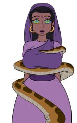  arms_behind_back black_hair clothed coils confused dark_skin dazed disney earrings kaa kaa_eyes katsiika long_hair open_mouth restrained shanti&#039;s_mother snake tail the_jungle_book 