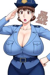  ai_art belt breasts brown_eyes brown_hair cleavage collarbone drool earrings empty_eyes expressionless female_only femsub hand_on_hip hat huge_breasts looking_at_viewer maledom manip milf minimimic_(generator) minimimic_(manipper) mom_(jinsuke) mom_is_my_doll mother_and_son open_mouth police_uniform policewoman saluting short_hair simple_background skirt son_(jinsuke) stable_diffusion_(ai) text white_background 