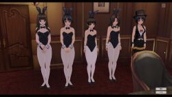  3d animated animated_gif black_hair breasts bunnysuit cleavage clothed cuffs custom_maid_3d_2 dazed fake_animal_ears female_only femdom femsub glowing h-c-m happy_trance hat large_breasts long_hair magician multiple_girls multiple_subs open_mouth original pet_play short_hair sleep_command smile tagme text tongue 