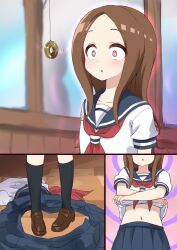  breasts brown_hair clothed comic complex_background kohsuke_krsk light_skin loli long_hair navel nude open_mouth pendulum red_hair school_uniform shoes shrunken_irises skilled_teaser_takagi-san skirt small_breasts socks spiral_background spiral_eyes symbol_in_eyes takagi-san undressing undressing_command 