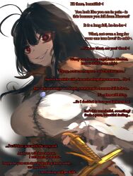  ahoge ander_horlo androgynous_dom black_hair breasts caption caption_only character_request copyright_request dialogue english_text femsub glowing_eyes large_breasts long_hair looking_at_viewer nail_polish possession red_eyes smile stewarone_(manipper) sword text weapon 