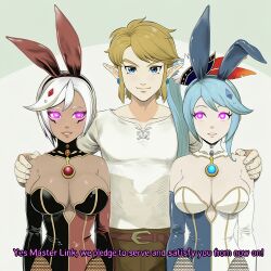 ai_art blonde_hair blue_eyes blue_hair bunny_ears bunny_girl bunnysuit cia cleavage crystal dialogue elf elf_ears english_text femsub fishnets glowing_eyes hair_ornament happy_trance heart_eyes hellsing002_(generator) hyrule_warriors lana_(zelda) large_breasts link long_hair maledom multiple_girls multiple_subs nintendo pink_eyes short_hair side_ponytail simple_background smile text the_legend_of_zelda unusual_pupils white_hair