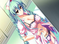akaza blue_hair bra breasts cameltoe empty_eyes erect_nipples expressionless female_only femsub hat large_breasts locker_room long_hair manip nurse open_clothes panties solo thighhighs tiechonortheal_(manipper) twintails underwear undressing