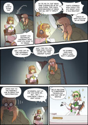  ahoge angry antenna arms_behind_back blonde_hair blue_eyes brown_eyes brown_hair chair chibi clothed comic consensual corporatification dialogue dress english_text eyebrows_visible_through_hair female_only femsub financial_domination glasses gloves happy_trance headphones humor leaning_forward long_hair long_skirt open_mouth opera_gloves original phone restrained sakurarose12 short_hair shoulder_pads smile sparkle speech_bubble sweater tech_control text tie twintails uniform visor 