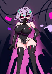  ahoge alternate_color_scheme alternate_hair_color bare_shoulders black_sclera boots breasts cables empty_eyes female_only femsub gas_mask gloves large_breasts latex leotard opera_gloves original red_eyes rubber shachiku_inu_nemo short_hair solo symbol_in_eyes tears thick_thighs thighhighs wide_hips wires 