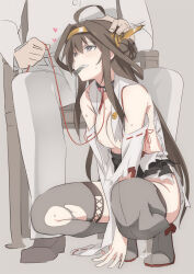  admiral_(kantai_collection) ahoge blush boots breasts brown_hair collar dazed femsub happy_trance heart heart_eyes kantai_collection kongou_(kantai_collection) large_breasts leash long_hair maledom ningen personification pet_play pussy_juice symbol_in_eyes thigh_boots thighhighs torn_clothes 
