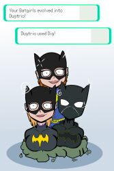  barbara_gordon batgirl blonde_hair cassandra_cain dc_comics dugtrio earrings female_only femsub isankura multiple_girls multiple_subs orange_hair pokemon short_hair shrunken_irises smile stephanie_brown 