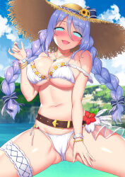 ayase_mio bikini_bottom bikini_top blush breasts cleavage femsub glowing glowing_eyes happy_trance hat huge_breasts long_hair manip misterman4_(manipper) necklace open_mouth princess_connect!_re_dive shizuru_hoshino spiral_eyes spread_legs swimsuit symbol_in_eyes tagme twintails