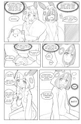  blush comic consensual cosplay embarrassed etlabsotwe female_only greyscale holding_hands hoodie lillie_(pokemon) nintendo open_mouth pillow pokemon pokemon_sun_and_moon selene_(pokemon) short_hair text wholesome yuri 