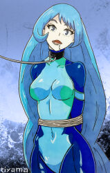  absurdres alternate_costume blue_eyes blue_hair bodysuit bondage breasts collar drool empty_eyes expressionless female_only latex leash long_hair looking_at_viewer my_hero_academia navel nejire_hado open_mouth signature solo thighs tiyamamashuu 