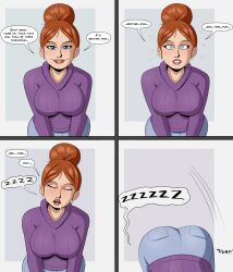  accidental_hypnosis before_and_after bent_over blue_eyes breasts clothed comic drool female_only femsub hair_buns jeans kiddom large_breasts looking_at_viewer milf open_mouth orange_hair original polmanning ponytail pov pov_dom red_hair simple_background single_hair_bun sleeping sleepy svetta_(svettak92) sweater text trigger updo 