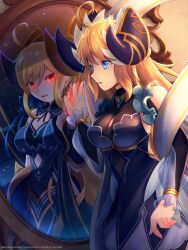  absurdres alternate_costume blonde_hair blue_eyes breasts clothed cygames dragalia_lost dress eye_color_change femsub glowing_eyes large_breasts mirror morsayati nintendo possession red_eyes reflection royalty ryo-suzuki very_long_hair zena_(dragalia_lost) 