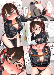 absurdres blush breasts brown_hair drool femsub glasses headphones hololive kc9s large_breasts roboco short_hair tech_control text translated virtual_youtuber yellow_eyes