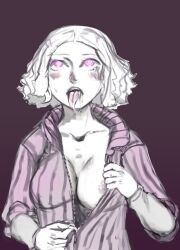 artist_request breasts drool female_only glowing glowing_eyes haru_okumura nipples persona_(series) persona_5 purple_eyes simple_background sketch solo sweat tongue tongue_out undressing white_hair