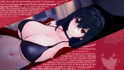 3d azur_lane bed bedroom bikini black_hair breasts caption cleavage dialogue female_only femdom glasses_on_head huge_breasts hypnotic_audio hypnotic_eyes hypnotic_voice jacket koikatsu! long_hair manip mantra midriff pov pov_sub red_eyes robespierre_(manipper) subliminal taihou_(azur_lane) text wholesome yandere 