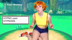  ahegao animated animated_gif ass cosplay cum cum_in_mouth cum_in_pussy dildo fellatio female_only femsub gameplay_mechanics jean_shorts kass_monday misty nintendo pokemon pokemon_(anime) real red_hair sex_toy small_breasts solo spread_legs text undressing 