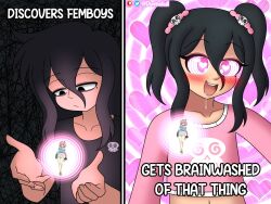  ahoge astolfo_(fate) backpack bangs bare_legs bare_shoulders before_and_after black_eyes black_hair blush braid collar collarbone crop_top dog_tags drool dumbskull english_text eye_color_change eyebrows_visible_through_hair fate/grand_order fate_(series) femboy feminization hair_ribbon hand_on_hip happy_trance heart_eyes jesse_(dumbskull) jessie_(dumbskull) legs long_hair male_only malesub meme midriff mole multicolored_hair navel open_mouth orb original pink_eyes pink_hair ring_eyes sandals shirt short_shorts skull smile spiral_background symbol_in_eyes text twintails white_hair 