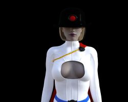 3d belt black_background blonde_hair breasts cape cleavage cleavage_cutout dc_comics dor_15 expressionless female_only femsub hat hypnovideotoo meet_the_robinsons power_girl short_hair simple_background solo super_hero tech_control