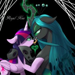 30clock animals_only cyan_hair drool femdom femsub glowing glowing_eyes green_eyes green_hair hooves horns horse long_hair multicolored_hair my_little_pony purple_hair queen_chrysalis straight-cut_bangs text tongue tongue_out twilight_sparkle unicorn western 