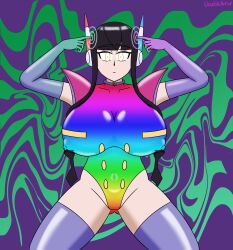 black_hair collar elesa female_only femsub gloves glowing glowing_eyes headphones leggings leotard malamar_outfit nintendo nipples opera_gloves pokemon pokemon_black_and_white pokemon_black_and_white_2 short_hair shoulder_pads tongue tongue_out twintails usakiki yellow_eyes