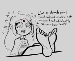  bangs barefoot clothed dialogue drool elf elf_ears femsub foot_focus frieren frieren:_beyond_journey's_end happy_trance long_hair microchip monochrome open_mouth simple_background skecchyartist sketch smile solo spiral spiral_eyes tech_control text twintails 