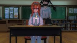 black_hair candle classroom consensual drool empty_eyes expressionless face_mask female_only femdom femsub finger_to_forehead glasses mmd narinari orange_hair original panties sitting sound tagme traditional_hypnosis video
