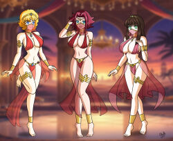  alerith barefoot blonde_hair brown_hair code_geass complex_background dana_sterling empty_eyes feet femsub happy_trance harem_outfit kallen_stadtfeld large_breasts posing red_hair robotech_the_masters setsuko_ohara super_robot_wars veil 