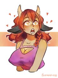 allison_(argonis) apron breasts cow_girl dark_skin drool erect_nipples female_only femsub heart heart_eyes horns large_breasts long_hair lunarmoss naked_apron open_mouth original red_hair symbol_in_eyes