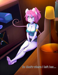 arm_bands barefoot breasts choker cleavage collar drool feet female_only femsub furry greasyi_(manipper) happy_trance large_breasts manip midriff mouse_girl necklace non-human_feet original pink_eyes pink_hair short_hair short_shorts shrunken_irises sitting smile solo spazzykoneko text