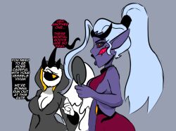 assimilation bishop_(entropic_imp) black_sclera character_request cleavage dialogue eldritch_imp elf elf_ears english_text femdom femsub grey_background horns long_hair mirror multiple_eyes nun original ponytail possession red_eyes sideboob simple_background speech_bubble tagme text vivian_(entropic_imp) white_skin yellow_sclera