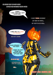  ass ass_focus assertive_sub body_control bodysuit brown_hair cat cat_ears cat_girl cat_tail comic cosplay costume english_text femsub fortnite glowing glowing_eyes halloween heart heart_eyes living_costume nyokaiart pumpkin speech_bubble spice_(fortnite) symbol_in_eyes tail white_skin yellow_eyes 
