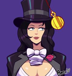  animated black_hair blue_eyes bow_tie cleavage dc_comics drool large_breasts magician pendulum psyfly sound spiral_eyes tagme top_hat video zatanna_zatara 