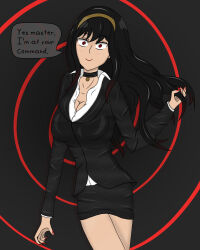  alternate_costume bare_legs black_background black_hair breasts business_suit choker cleavage clothed collarbone dialogue dress_shirt eyebrows_visible_through_hair female_only femsub hair_band hy2300 large_breasts long_hair maledom nail_polish necklace office_lady red_eyes shirt simple_background skirt smile solo speech_bubble spiral_background spiral_eyes spy_x_family standing suit symbol_in_eyes text yor_briar 