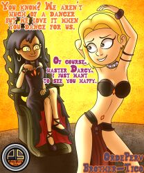  altered_perception amphibia arms_above_head black_eyes black_hair bracelet chair collar crossed_legs dancing dialogue disney dress earbuds earrings english_text eye_color_change harem_outfit jewelry long_hair marcy_wu orange_eyes ordeper_arts possession sasha_waybright sequence shoes short_hair signature simple_background sitting smug text the_core_(amphibia) thighs yellow_sclera 