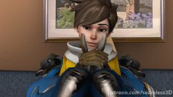  3d animated animated_gif brown_hair clothed dazed eye_roll female_only femsub hypnotic_fingers limp overwatch scarf seamless short_hair source_filmmaker tracer 