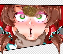 blush brown_hair cheek_squish dazed femsub green_eyes keinoyounamono open_mouth pendulum reimu_hakurei touhou