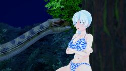 3d bikini blue_eyes breasts confused crossed_arms disney kaa large_breasts leopard_print lipstick long_hair makeup mmd mrkoiru outdoors pale_skin ponytail rwby silver_hair sitting snake the_jungle_book trees weiss_schnee