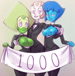 alien blue_hair blue_skin breasts breasts_outside discolored_nipples female_only femsub green_hair green_skin happy_trance lapis_lazuli large_breasts open_clothes pearl_(steven_universe) peridot pink_hair short_hair steven_universe text undressing white_skin zelamir