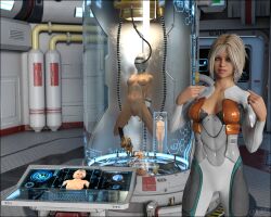 3d arms_behind_back blonde_hair blue_eyes bodysuit breasts cleavage collarbone corruption female_only femdom femsub helmet katzenauge1 looking_at_viewer monitor nipples nude original restrained short_hair spread_legs tech_control tubes wires